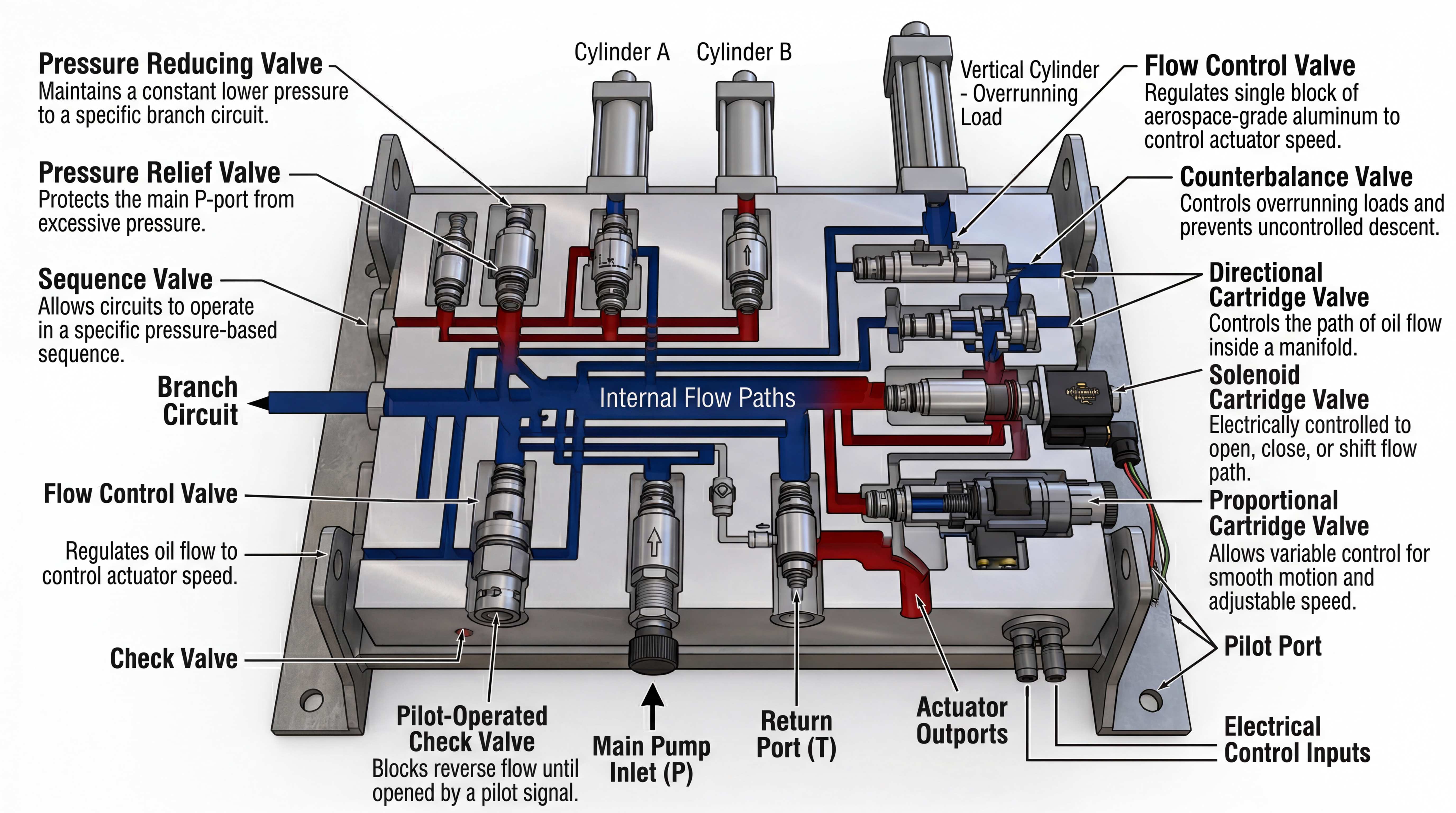 Hydraulic manifold circuit showing pressure relief, pressure reducing, sequence, check, flow control, directional, solenoid and proportional cartridge valves